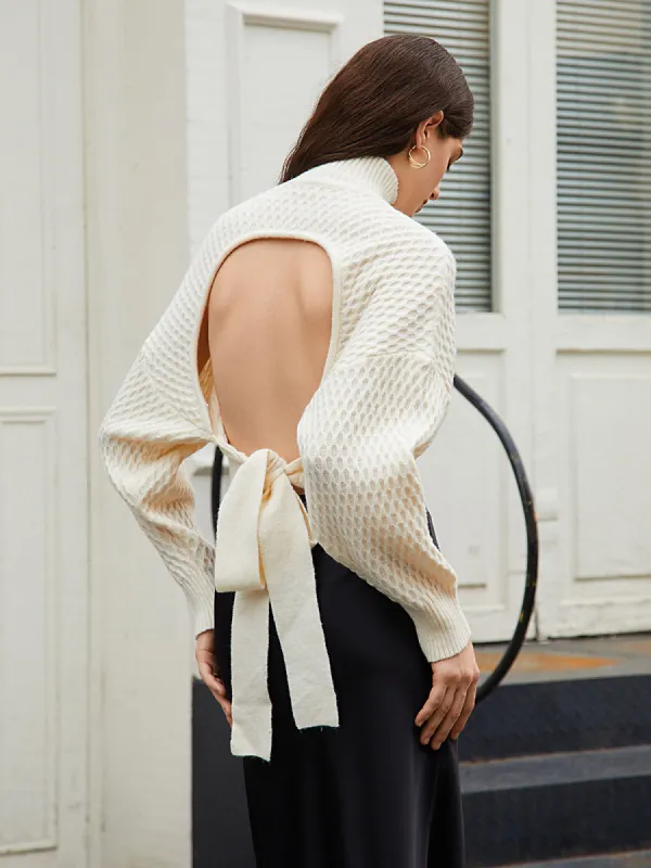 Tie Back Mock Neck Sweater sold by COMMENSE