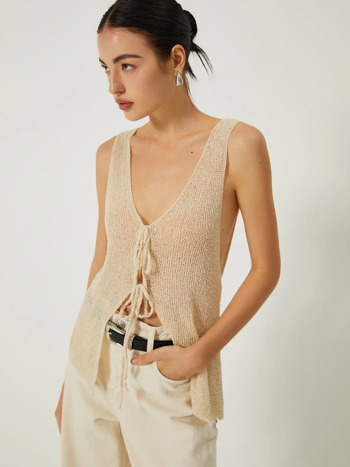 Sheer Tie Front Knit Vest sold by COMMENSE product image thumbnail 3