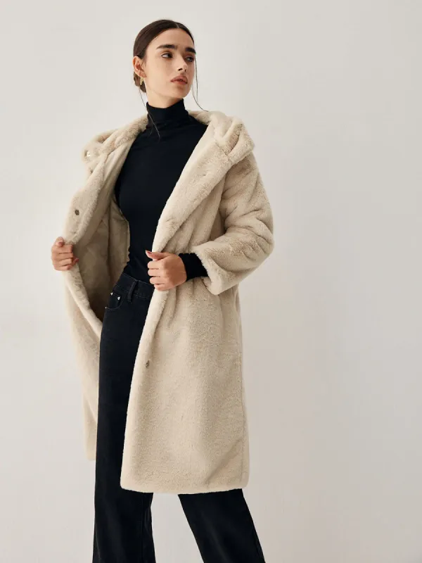 Oatmeal Faux Fur Hooded Longline Jacket sold by COMMENSE