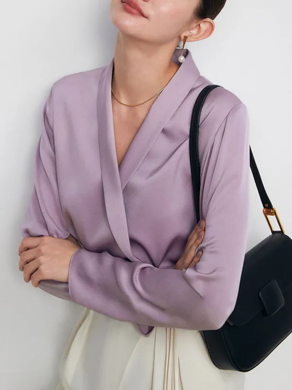 Lilac Satin Long Sleeve Wrap Shirt sold by COMMENSE