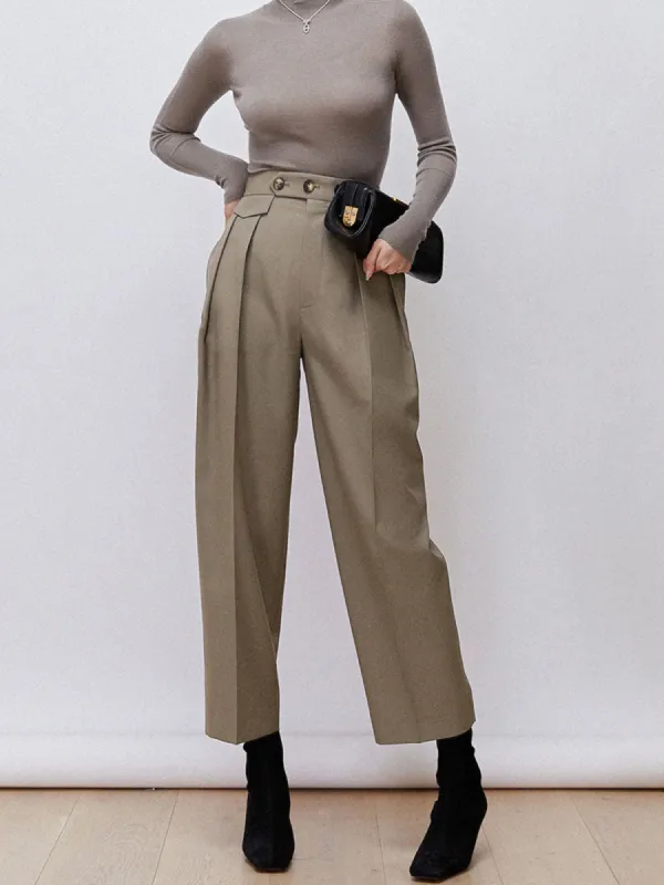 Double Pockets Pleat Straight Leg Crop Dress Pants sold by COMMENSE