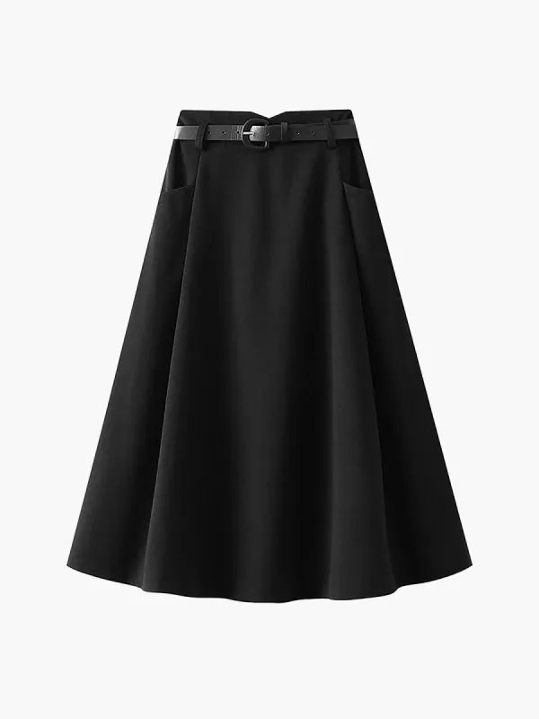 Belted Elastic Waistband Pleat Midi Skirt sold by COMMENSE