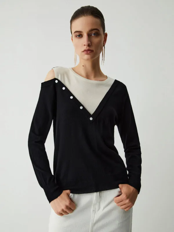 Asymmetric Button Cutout Long Sleeve Knit Top sold by COMMENSE