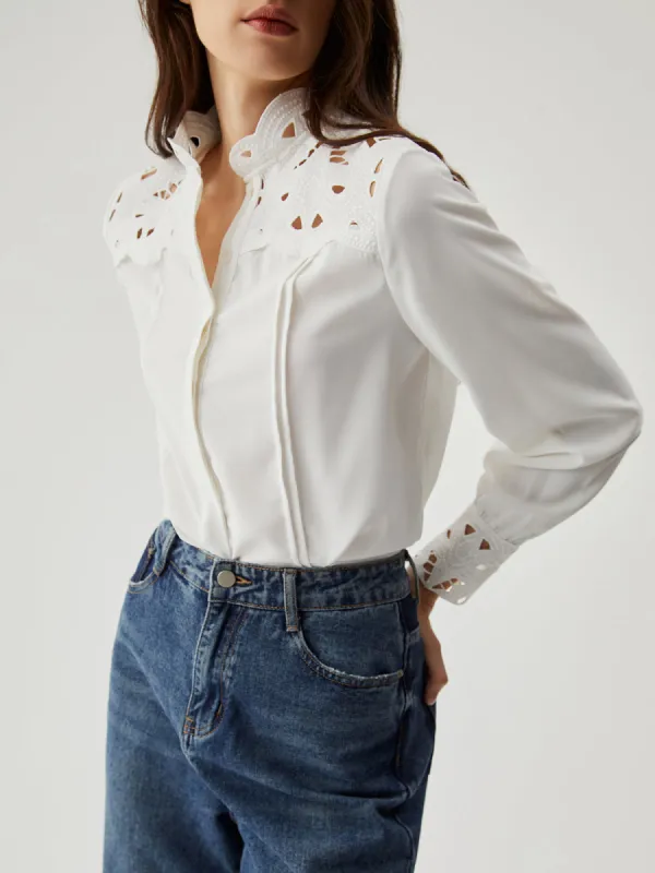 Floral Trim Cut Out Long Sleeve Shirt sold by COMMENSE