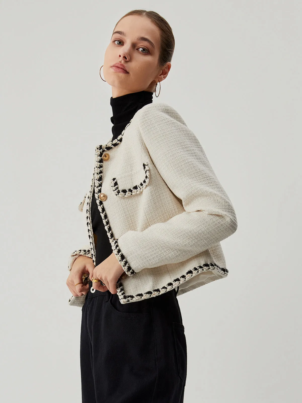 Old Money Tweed Contrast Trim Metallic Button Jacket sold by COMMENSE product image thumbnail 4