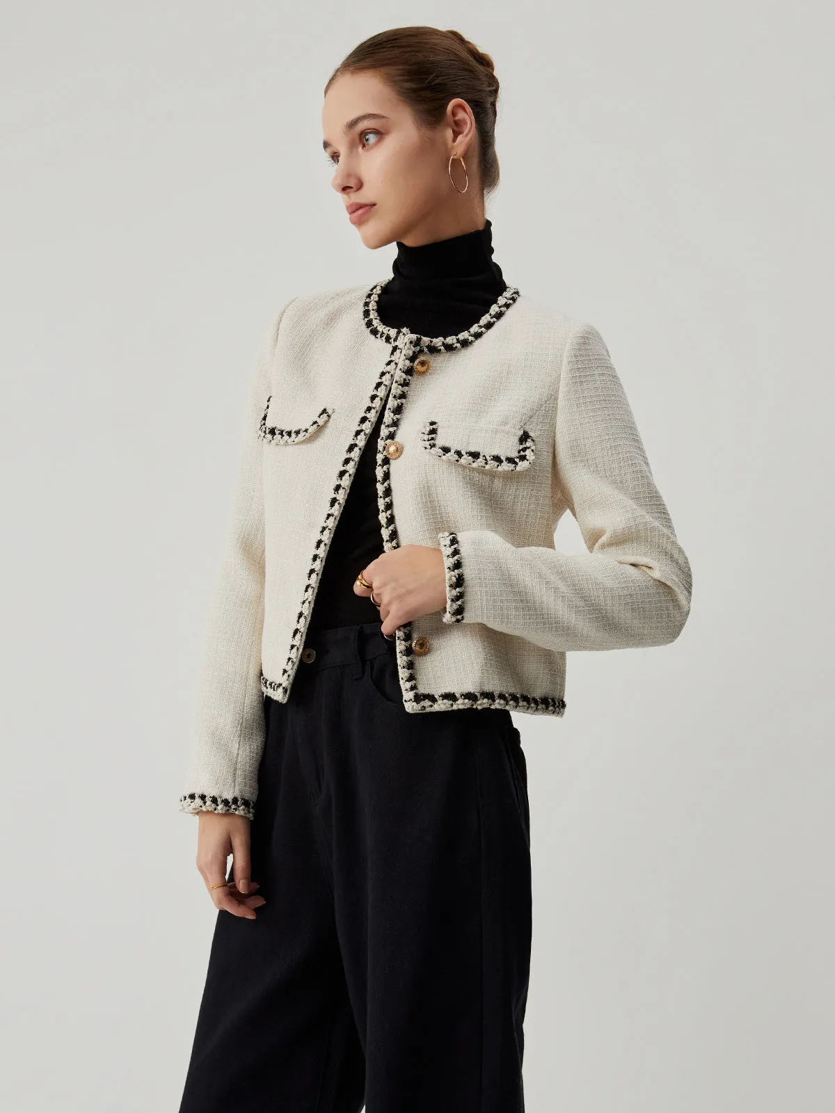 Old Money Tweed Contrast Trim Metallic Button Jacket sold by COMMENSE product image thumbnail 3