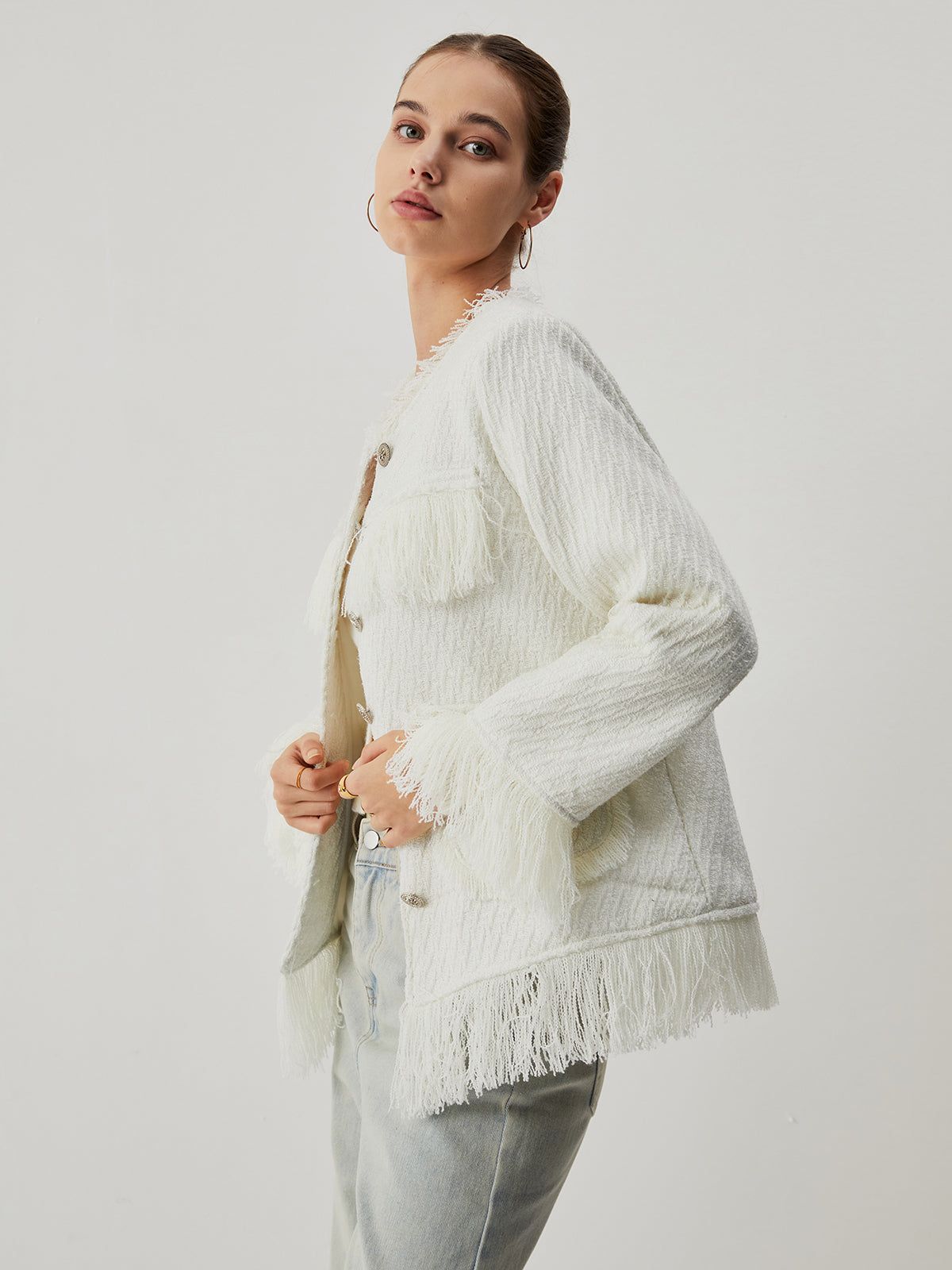 Tassel Trim Pocket Button Blazer sold by COMMENSE