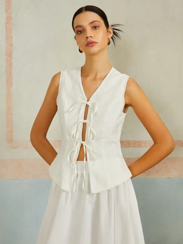 Cotton & Linen Sleeveless Tie Front Blouse sold by COMMENSE