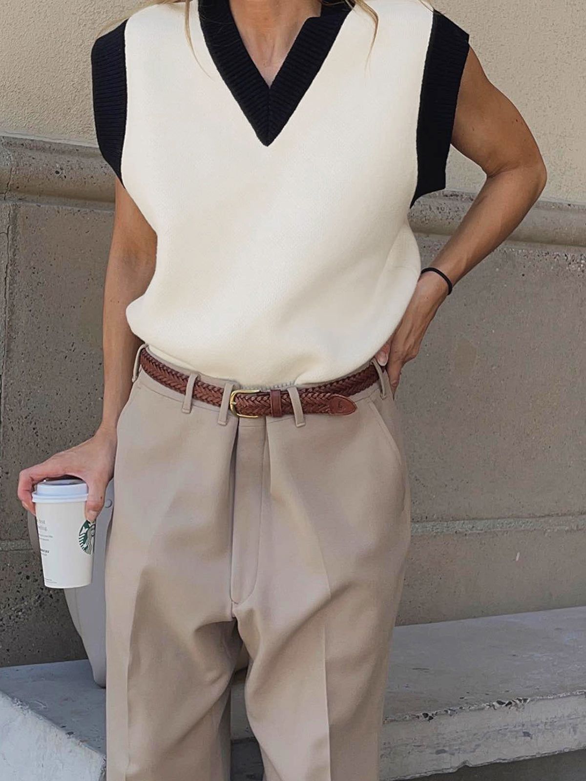 Knit Contrast Trim V-neck Sweater Vest sold by COMMENSE