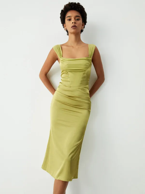 Olive Satin Corset Midi Dress sold by COMMENSE