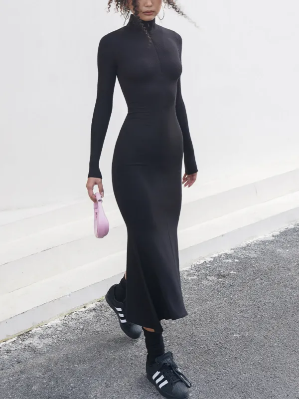 Leisure Mock Neck Long Sleeve Midi Dress sold by COMMENSE