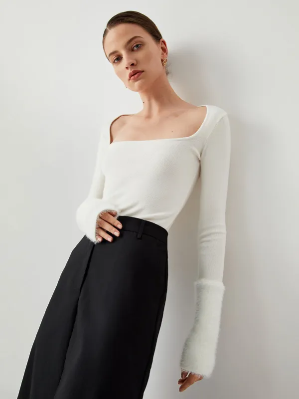 Knit Patchwork Fuzzy Cuff Square Neck Long Sleeve Top sold by COMMENSE