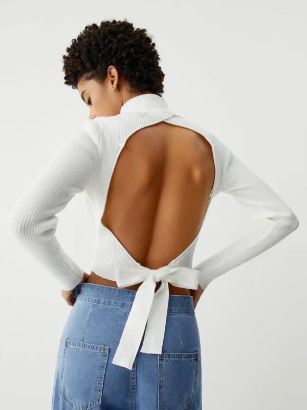 Mockneck Tie Back Crop Knit Top sold by COMMENSE
