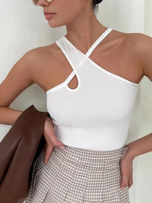 Cross Halter Cutout Tank Top sold by COMMENSE