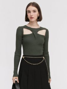 Twist Cutout Rib Long Sleeve Knit Top sold by COMMENSE