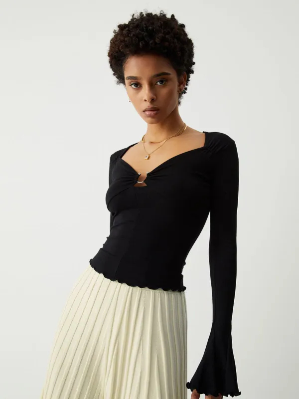 U Ring Detail Lettuce Trim Long Sleeve Top made by COMMENSE
