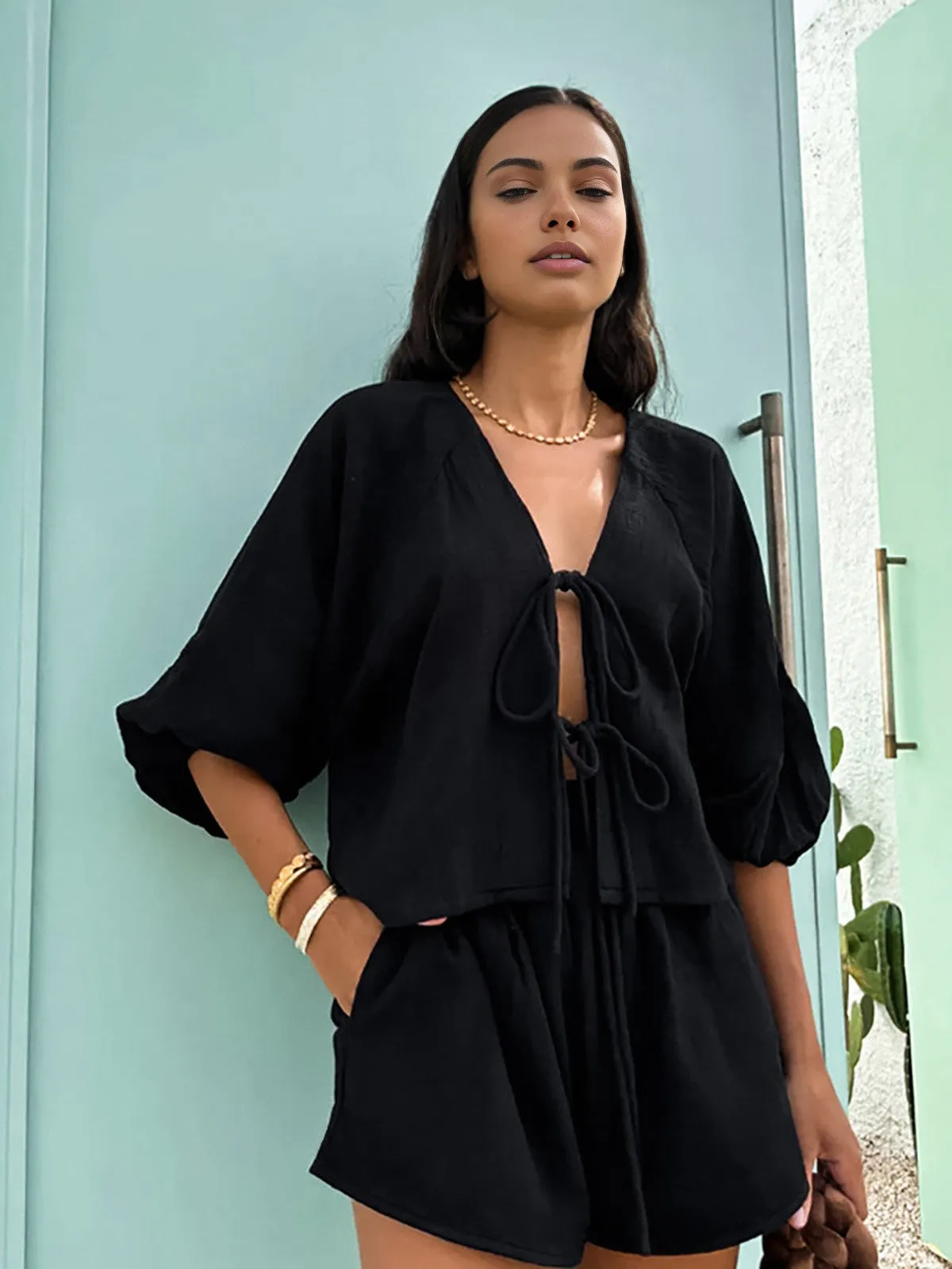 Cotton Tie-Front Long Sleeve Shorts Set sold by COMMENSE product image thumbnail 3