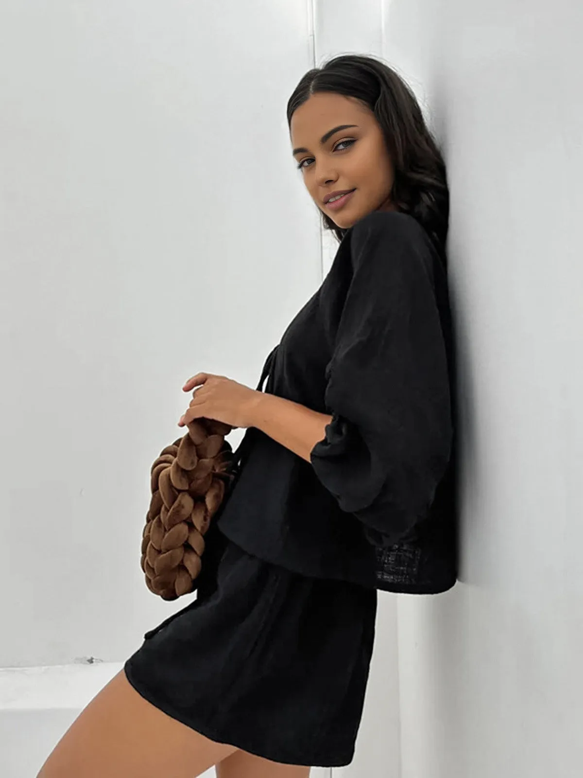 Cotton Tie-Front Long Sleeve Shorts Set sold by COMMENSE product image thumbnail 4