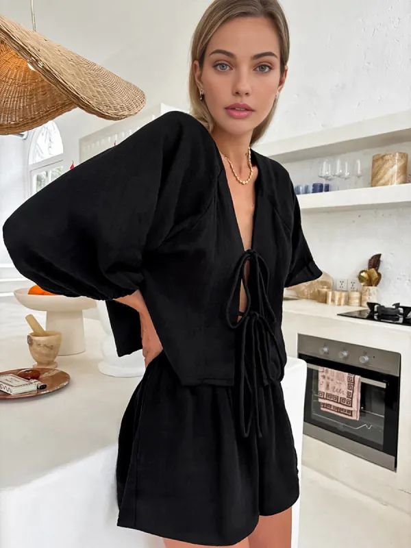 Cotton Tie-Front Long Sleeve Shorts Set sold by COMMENSE