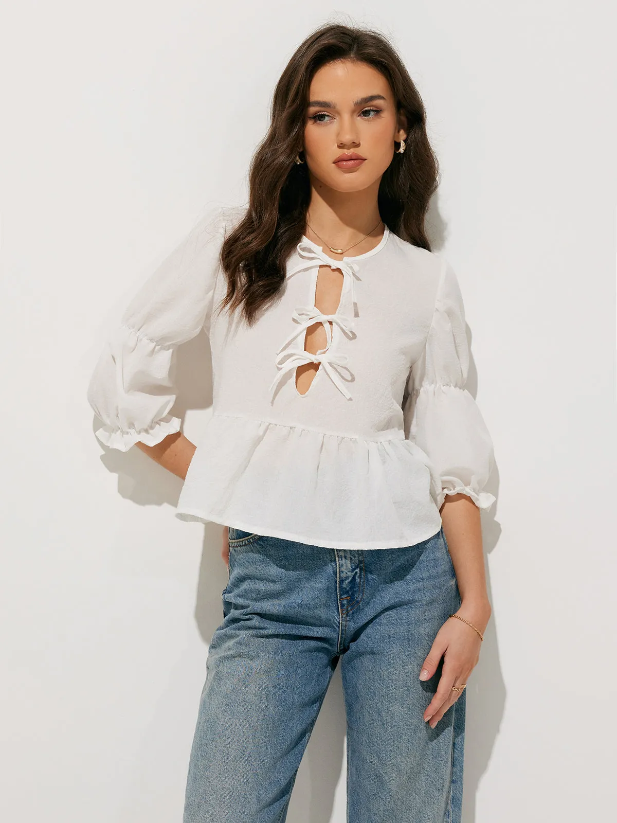 Puff Sleeve Tie Front Top sold by COMMENSE product image thumbnail 4