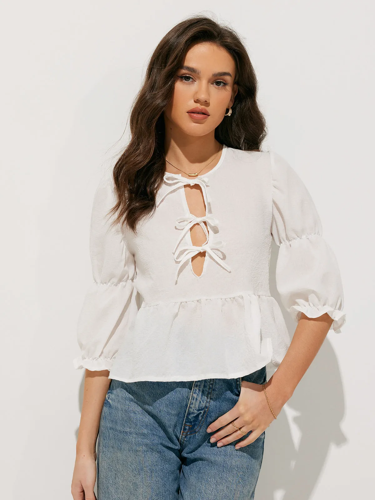 Puff Sleeve Tie Front Top sold by COMMENSE product image thumbnail 2