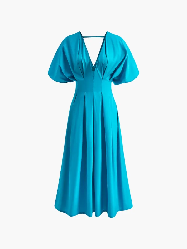V-Neck Pleated Bell-Sleeve Dress sold by COMMENSE