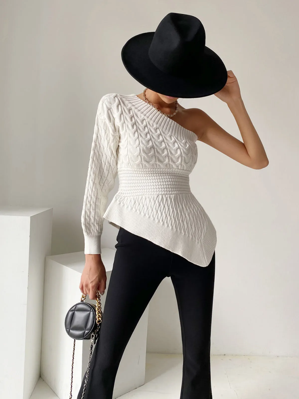 One Shoulder Asymmetrical Cable Knit Sweater sold by COMMENSE product image thumbnail 4