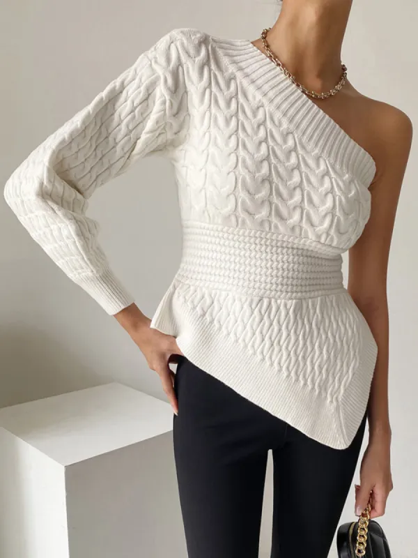One Shoulder Asymmetrical Cable Knit Sweater sold by COMMENSE