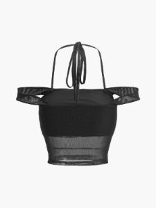 Halter Off Shoulder Mesh Crop Top sold by COMMENSE