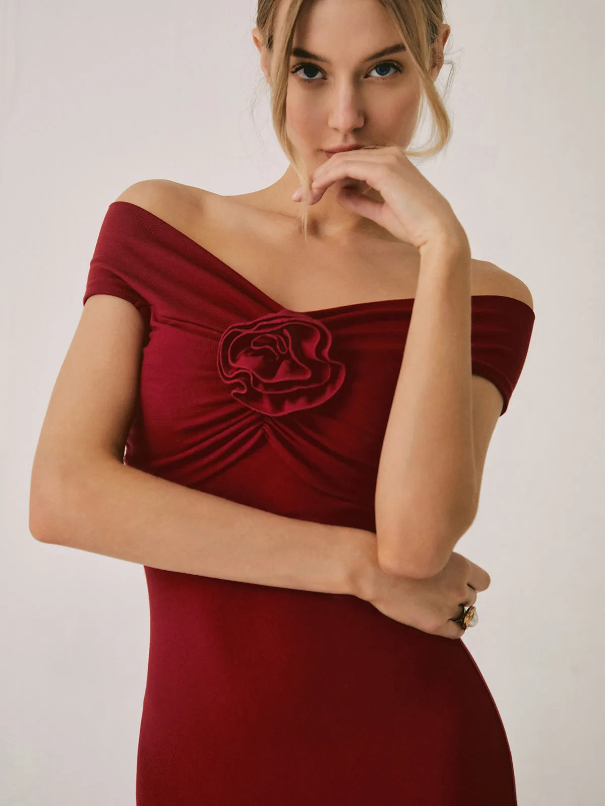 Solid Off-Shouder Rosste Midi Dress sold by COMMENSE