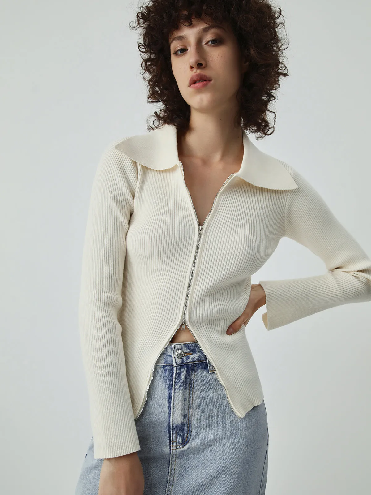 Open Collar Two Way Zip Cardigan sold by COMMENSE