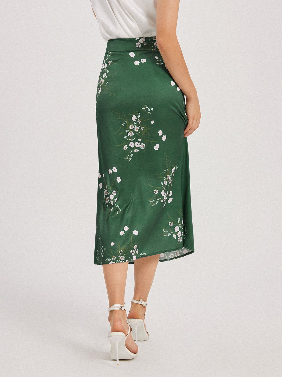 Floral Forest Emerald Green Satin Slit Skirt sold by COMMENSE product image thumbnail 4