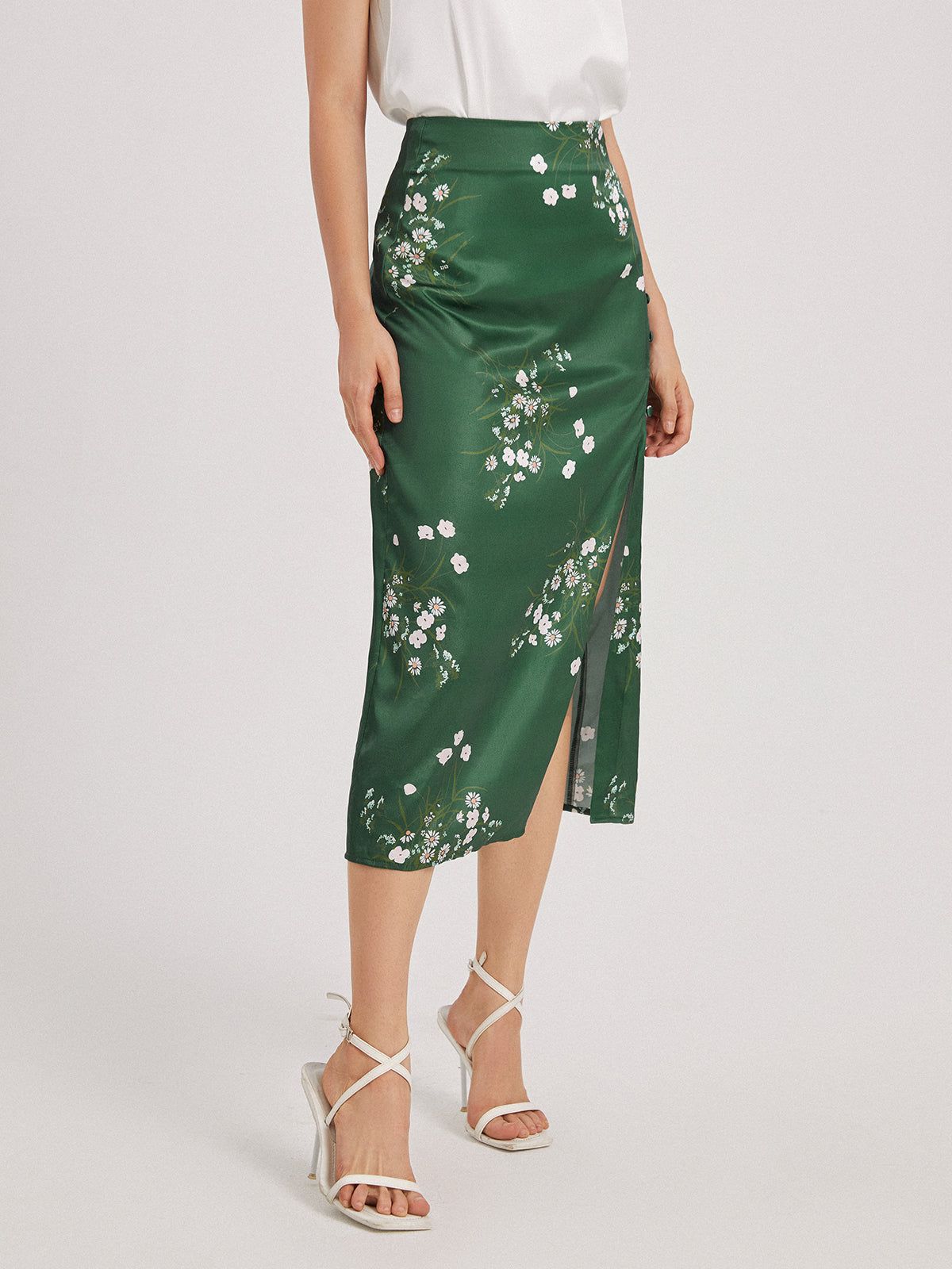 Floral Forest Emerald Green Satin Slit Skirt sold by COMMENSE