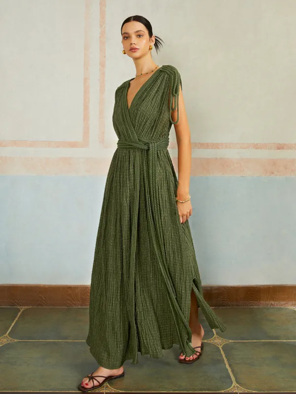 Casual Pleated Belted Long Dress sold by COMMENSE