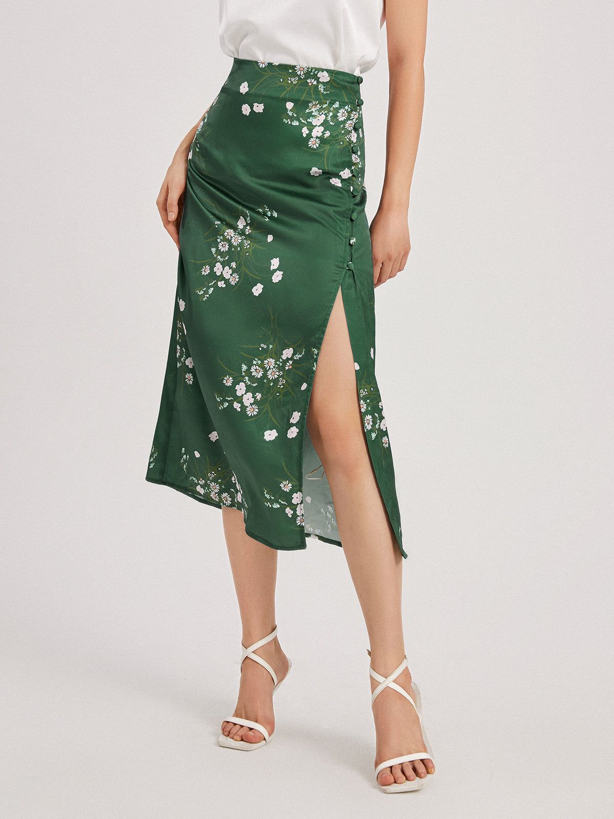 Floral Forest Emerald Green Satin Slit Skirt sold by COMMENSE product image thumbnail 2