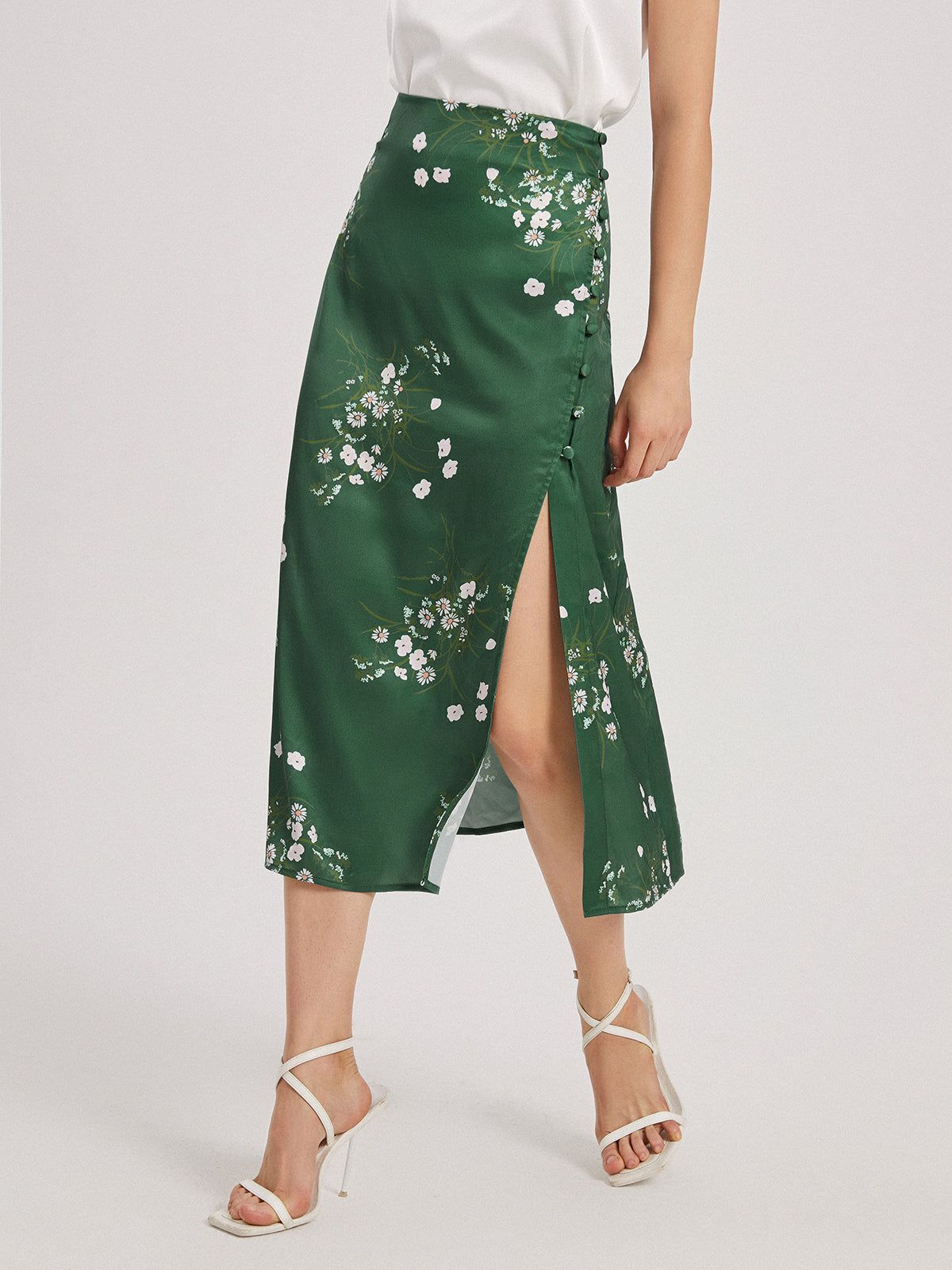 Floral Forest Emerald Green Satin Slit Skirt sold by COMMENSE product image thumbnail 3