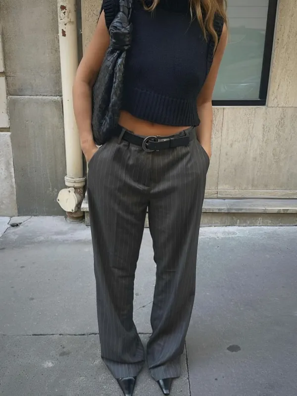 Pinstripe Wide Leg Pants Without Belt sold by COMMENSE