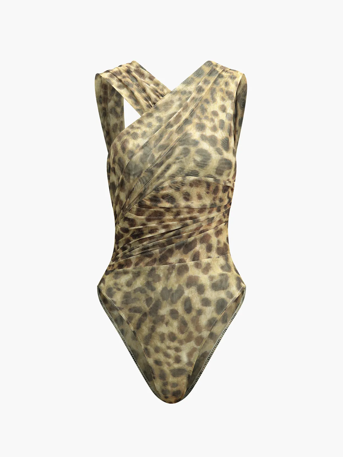 Leopard Print Asymmetrical-Neck Backless Bodysuit sold by COMMENSE product image thumbnail 3