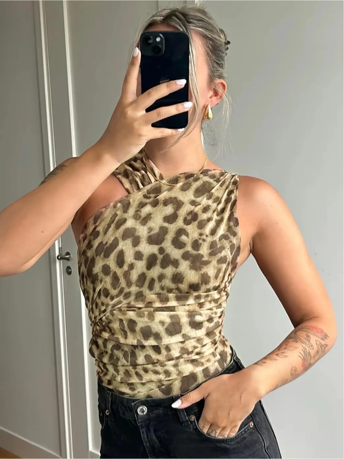 Leopard Print Asymmetrical-Neck Backless Bodysuit sold by COMMENSE
