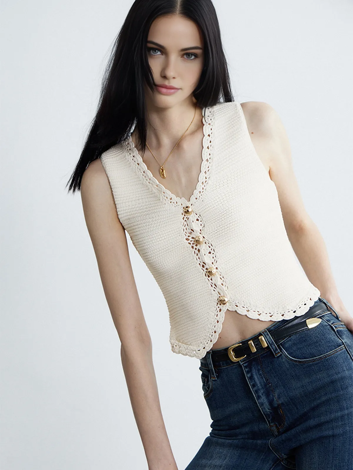 Lace Trim Knit Cardigan sold by COMMENSE