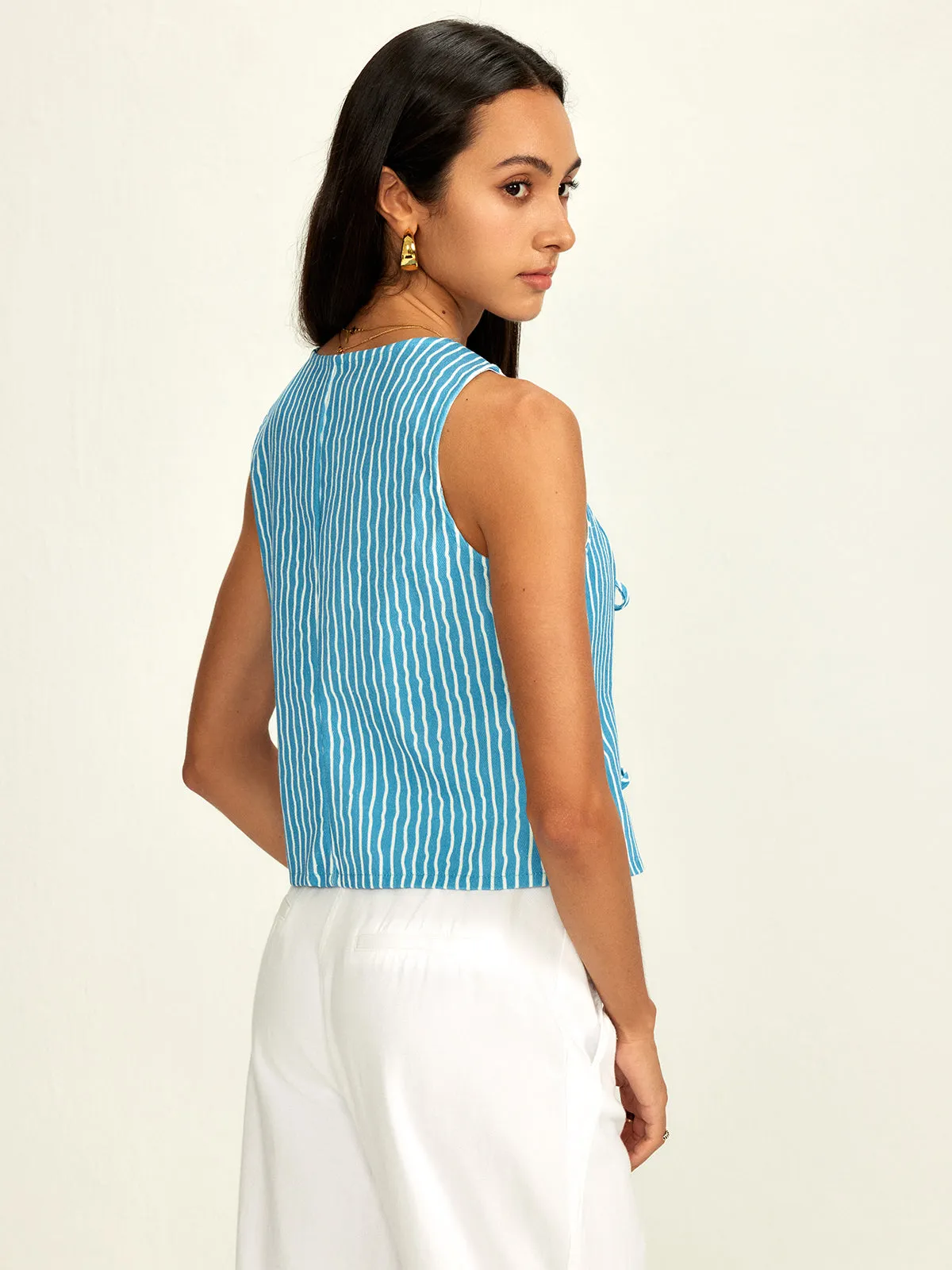 Pinstripe Tie Front Piping Blouse sold by COMMENSE product image thumbnail 3