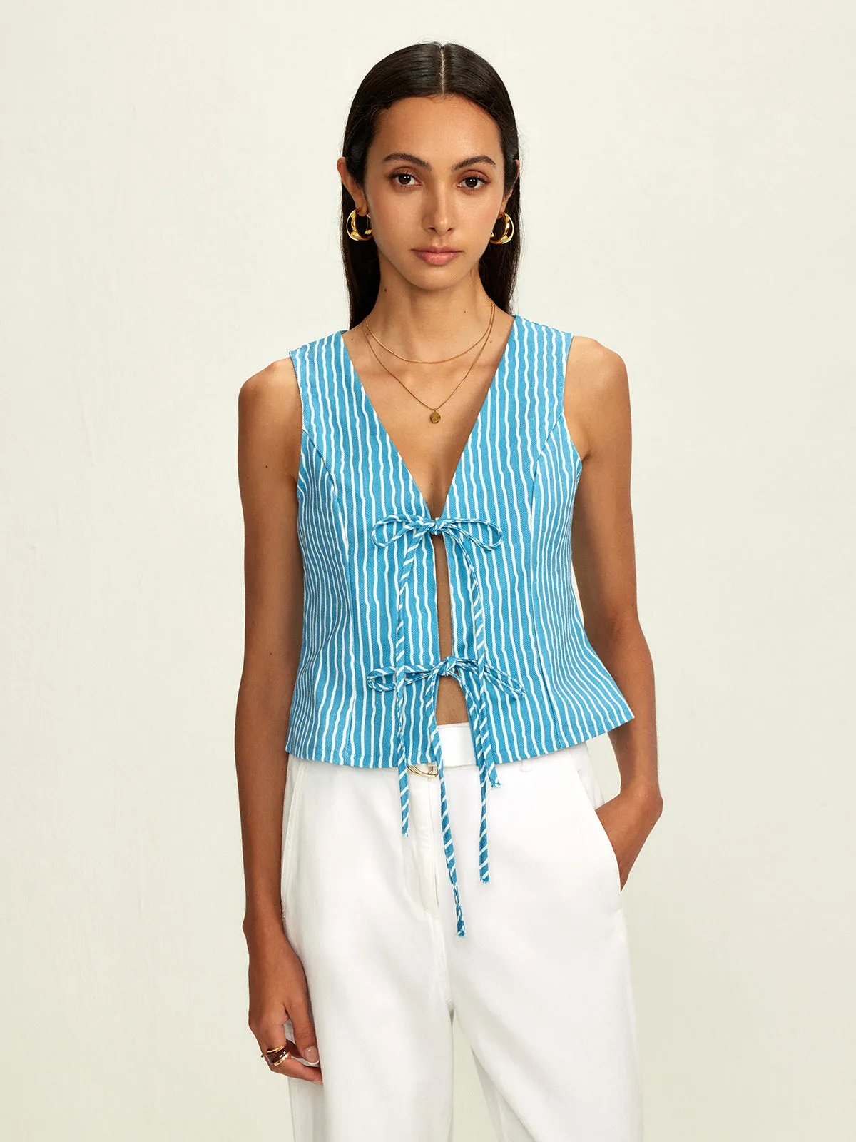 Pinstripe Tie Front Piping Blouse sold by COMMENSE product image thumbnail 4