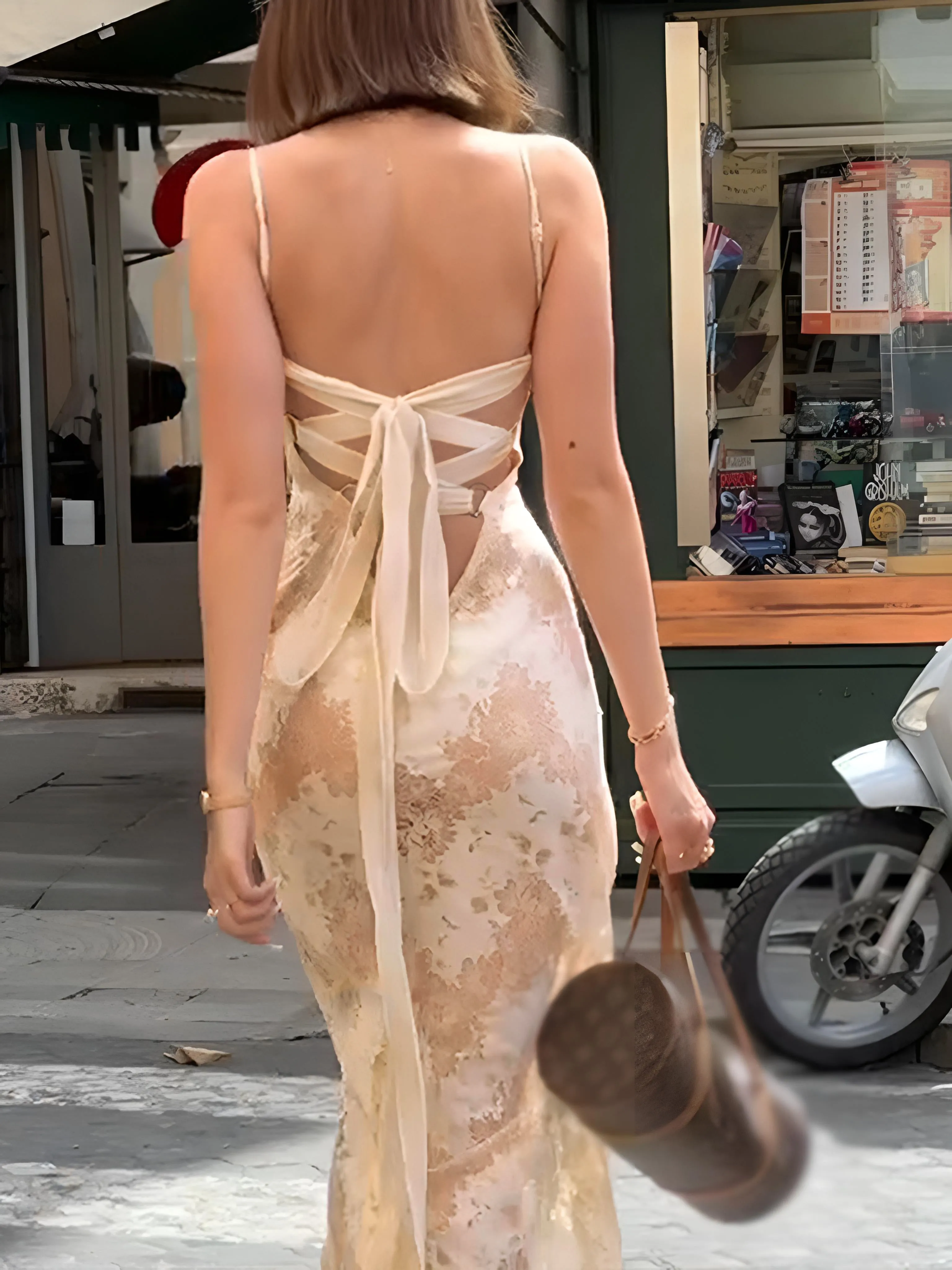 Backless Criss Cross Knotted Long Dress sold by COMMENSE