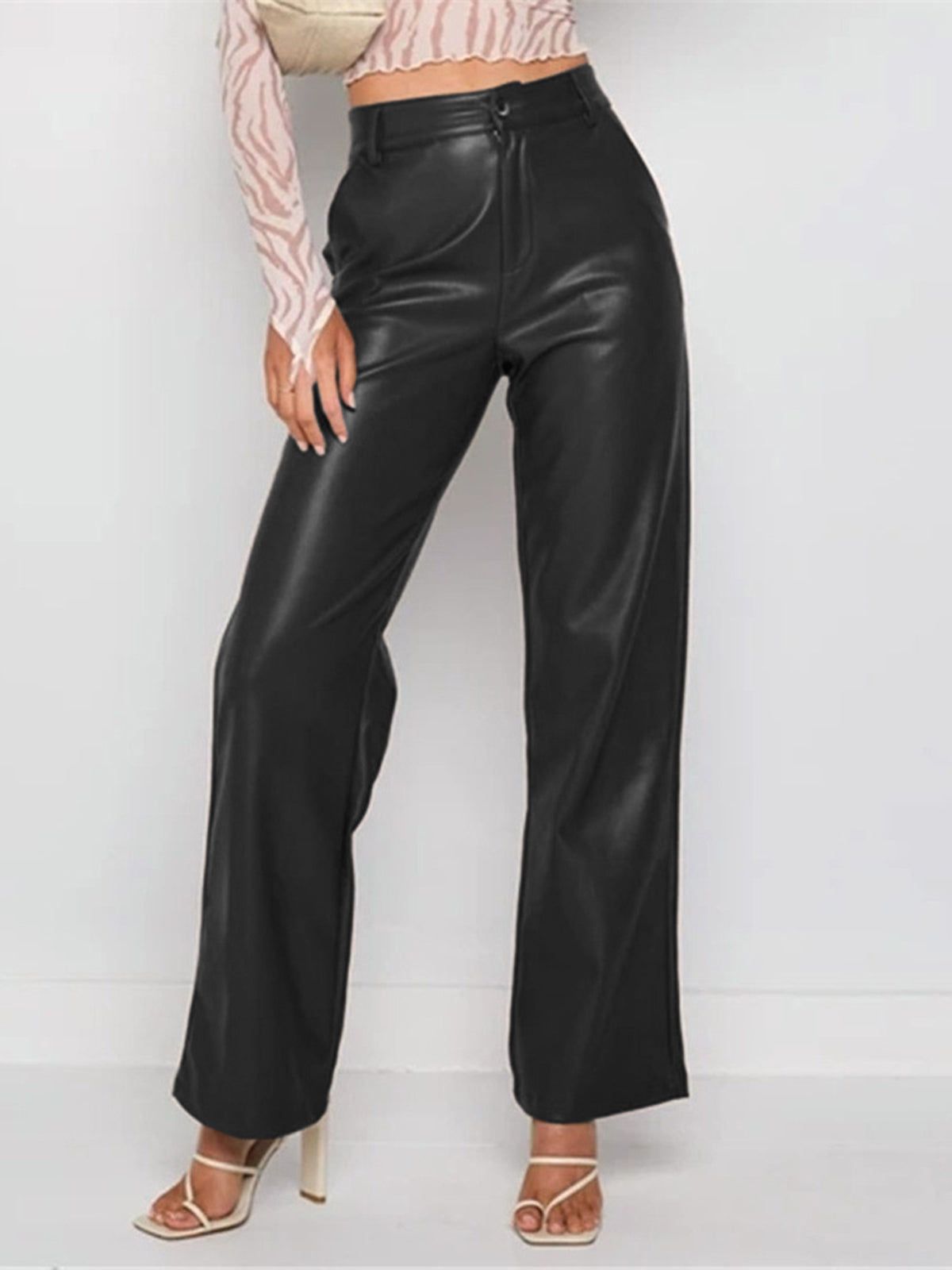 Brownie Faux Leather Wide Leg Pants sold by COMMENSE