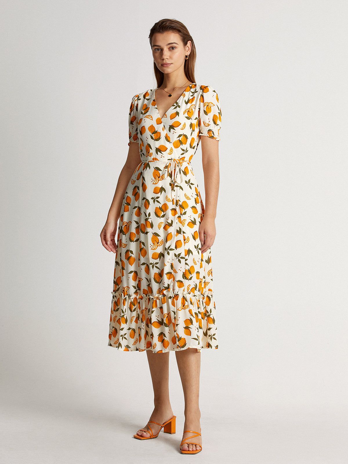 Short Puff Sleeve Orange V-Neck Midi Ruffle Dress sold by COMMENSE product image thumbnail 6