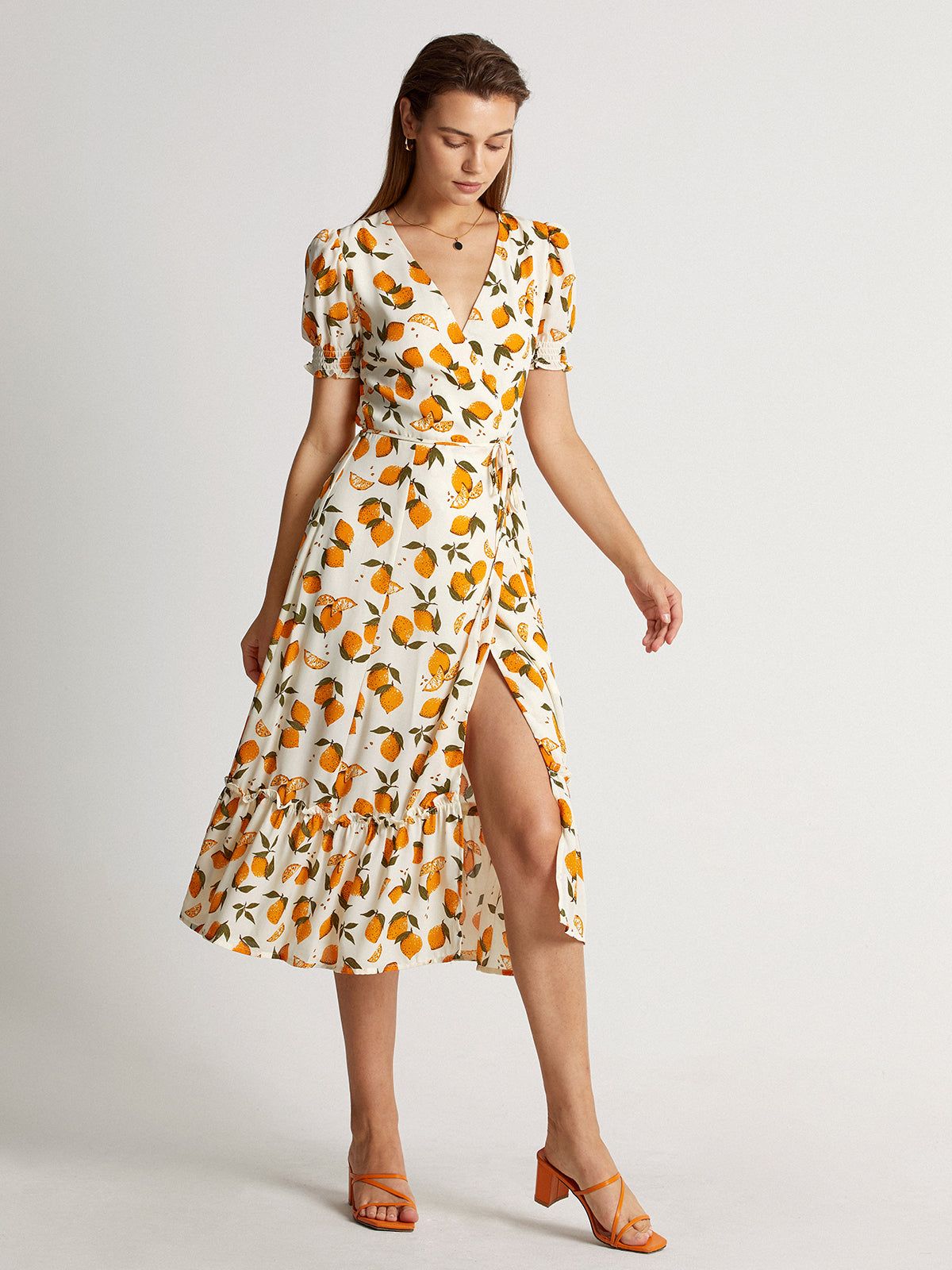 Short Puff Sleeve Orange V-Neck Midi Ruffle Dress sold by COMMENSE product image thumbnail 3