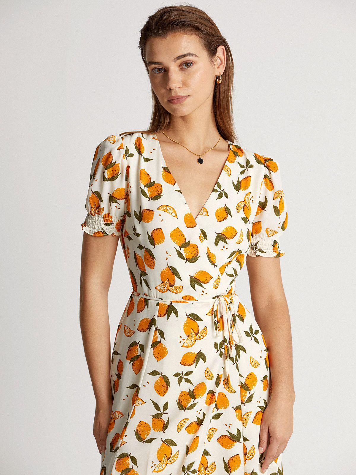 Short Puff Sleeve Orange V-Neck Midi Ruffle Dress sold by COMMENSE product image thumbnail 4