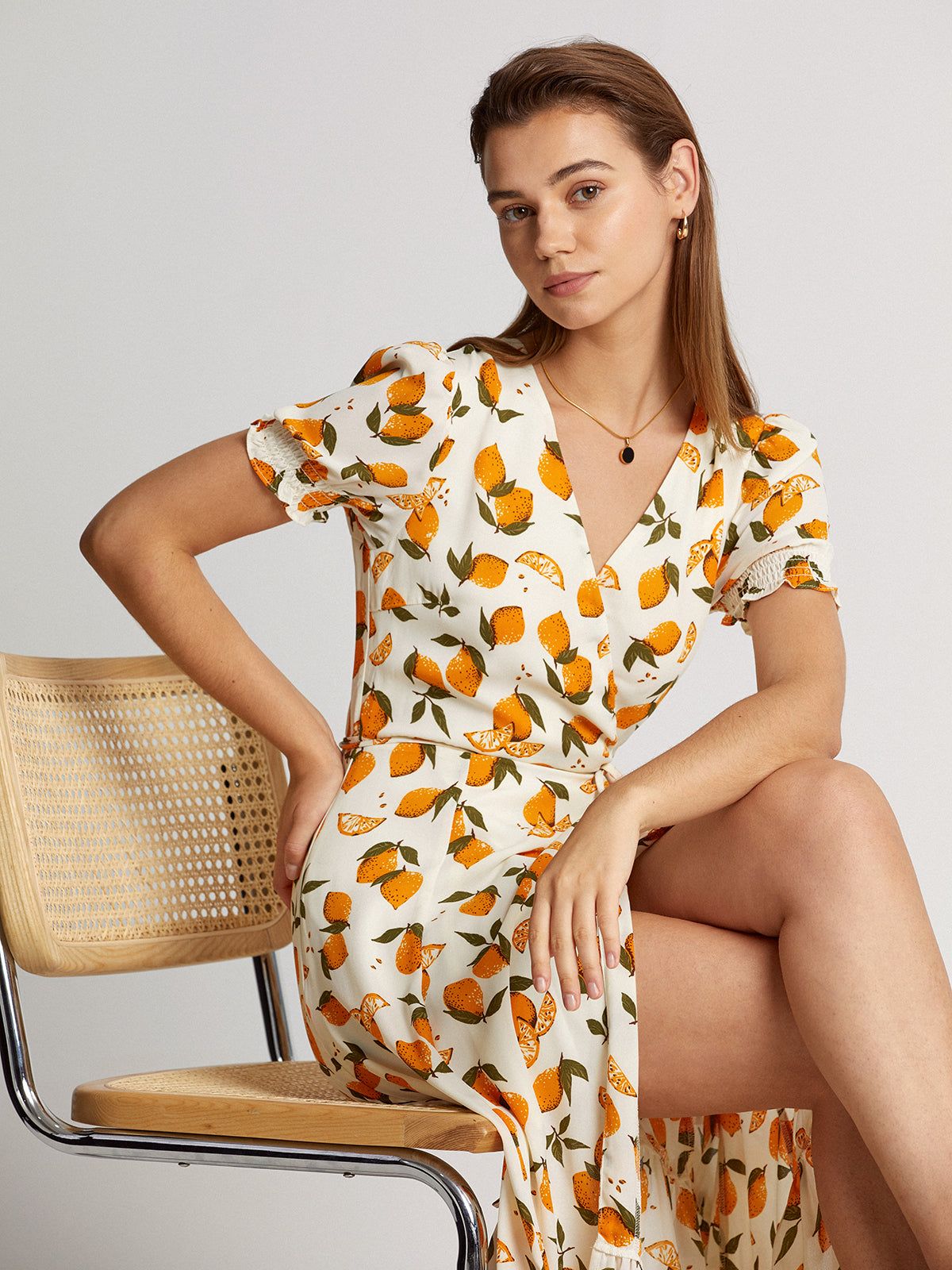 Short Puff Sleeve Orange V-Neck Midi Ruffle Dress sold by COMMENSE