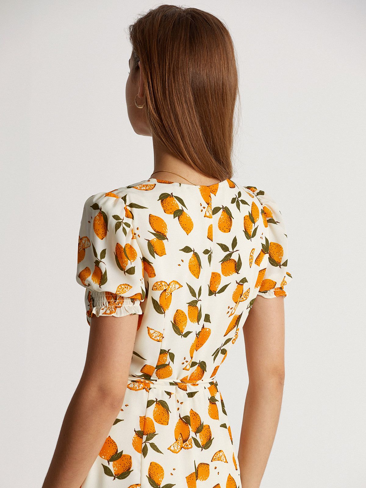 Short Puff Sleeve Orange V-Neck Midi Ruffle Dress sold by COMMENSE product image thumbnail 5