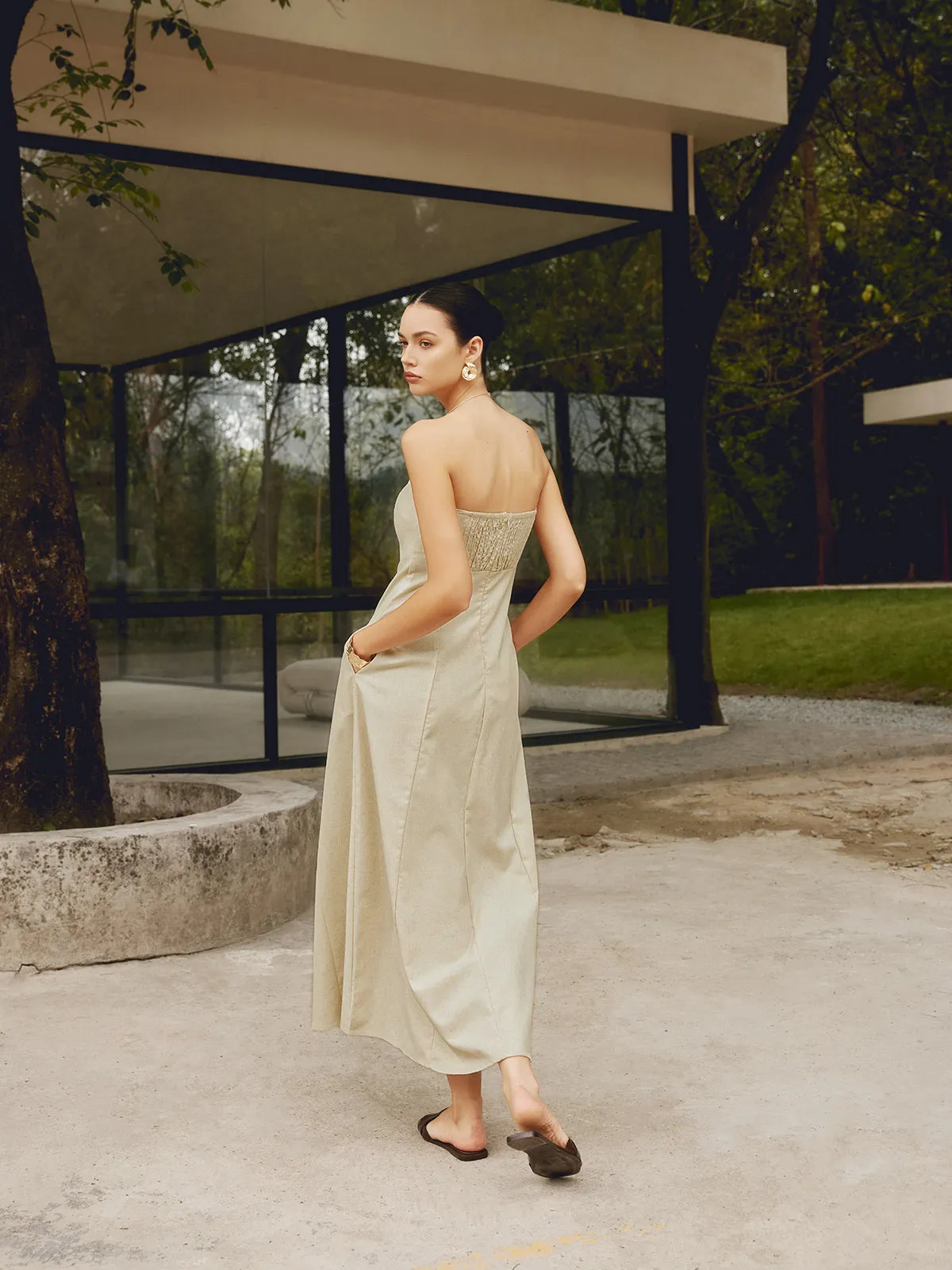 Cotton & Linen Shirred Pocket Long Dress sold by COMMENSE product image thumbnail 4